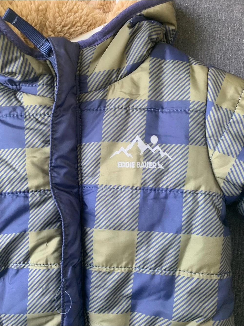 Eddie Bauer Navy Olive Plaid Sherpa Lined Infant Bunting Snowsuit Winter Coat